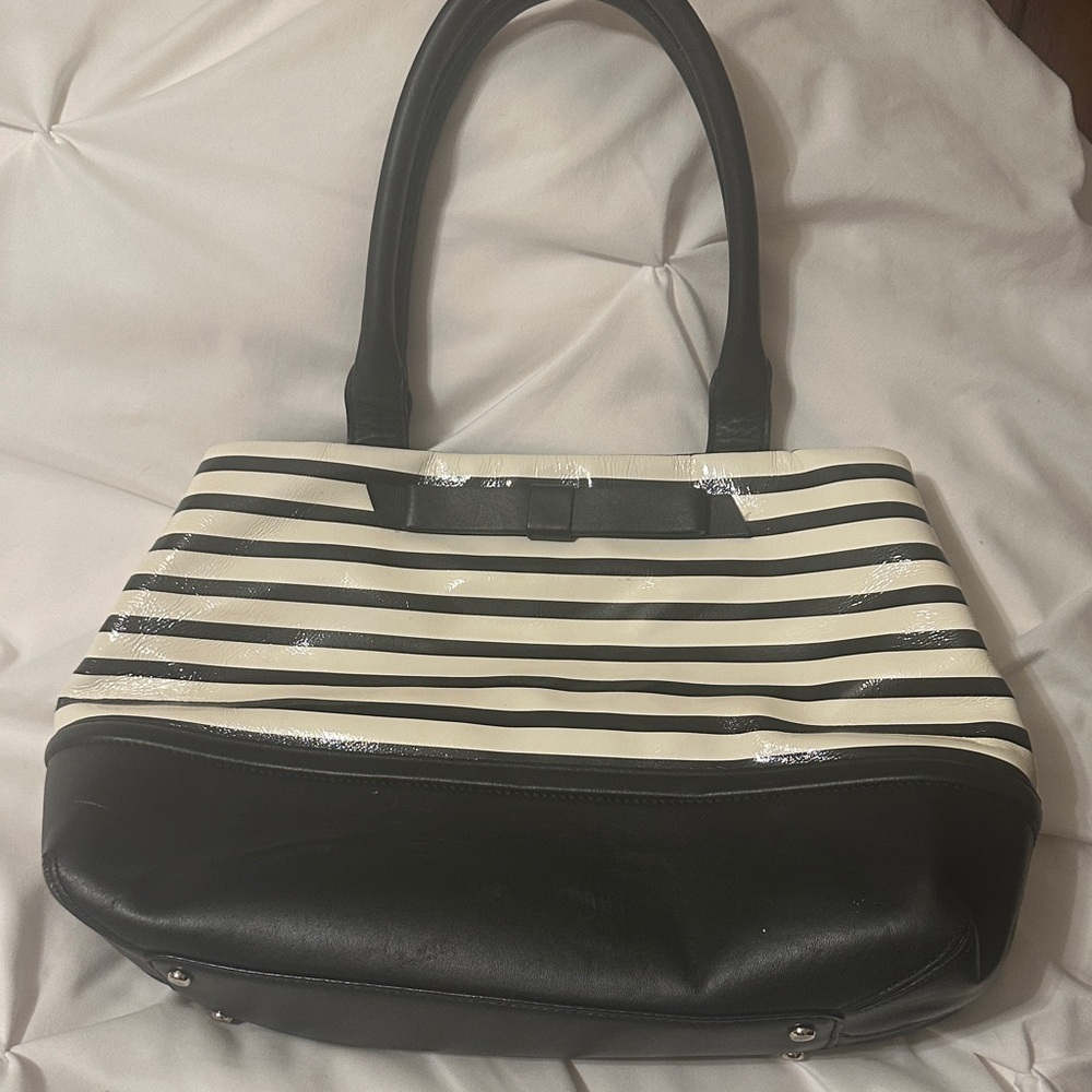 KATE SPADE Black and White Striped Tote W BOW!